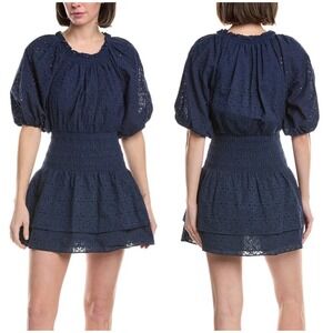 Ramy Brook Womens Navy Blue Coastal Eyelet Sawyer Smocked Boho Mini Dress Size S